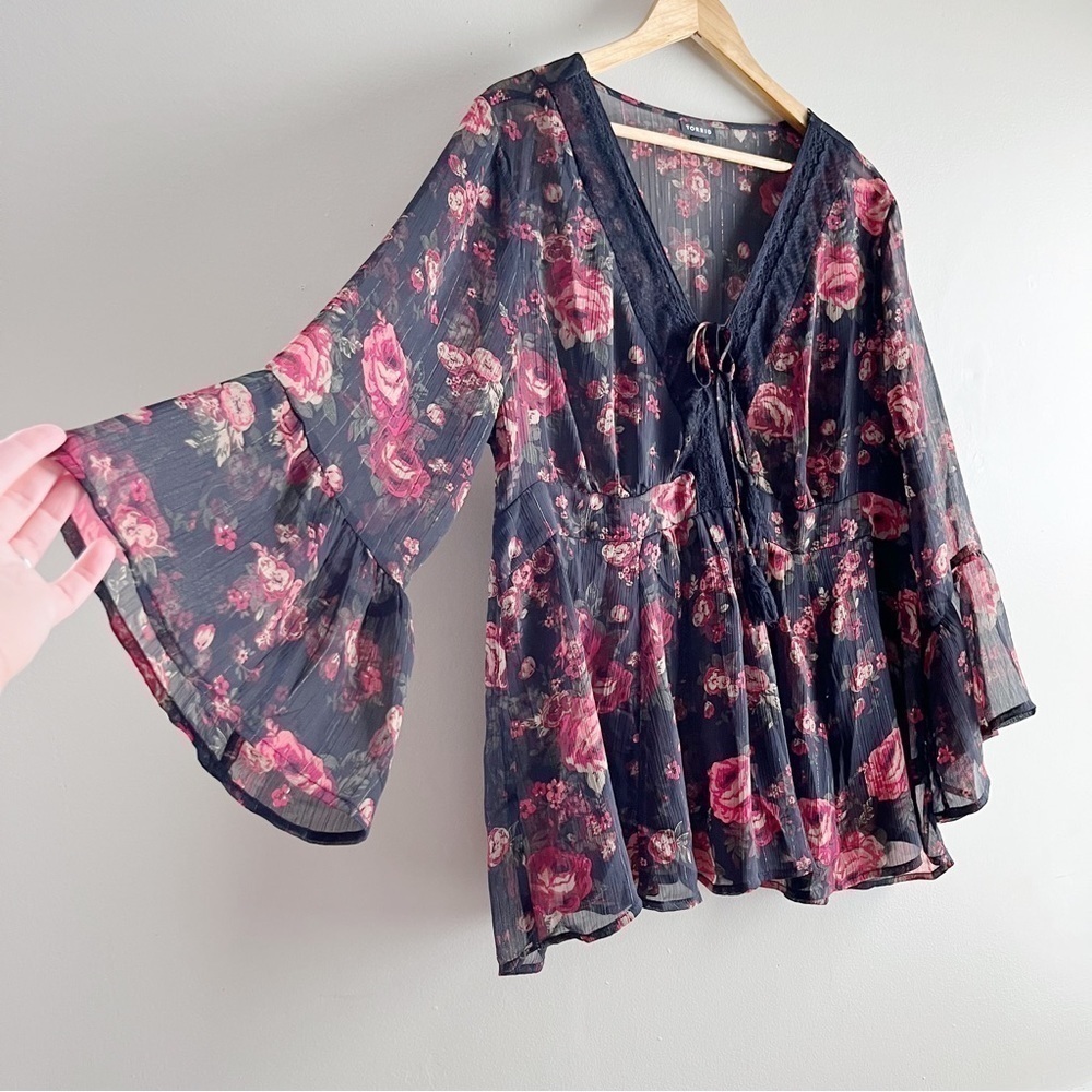 Torrid Babydoll Chiffon Lurex Crochet Lace-Up Sheer Blouse, Black Red Floral, 1X - Picture 10 of 14